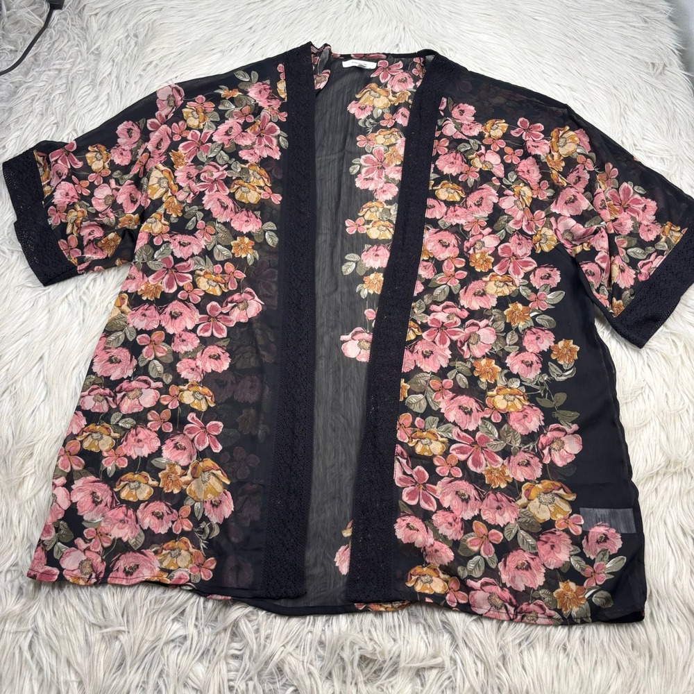 Maurices Women's 0X Dark Floral Crochet Trim Sheer Kimono Top Boho Whismigoth